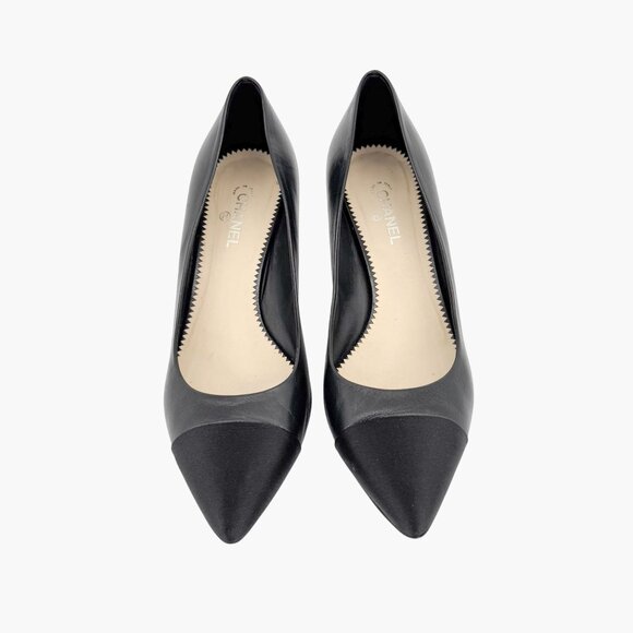 Chanel Cap Toe CC Kitten Pumps EU 38.5 US 7.5-8 Black Leather Pointed Low Heel - Picture 2 of 15